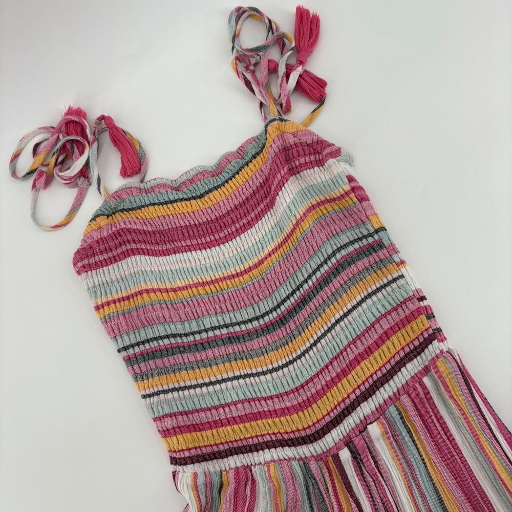 Juniors Striped Jumpsuit Smocked Flare Leg Tie Strap Pink Small Festival‎